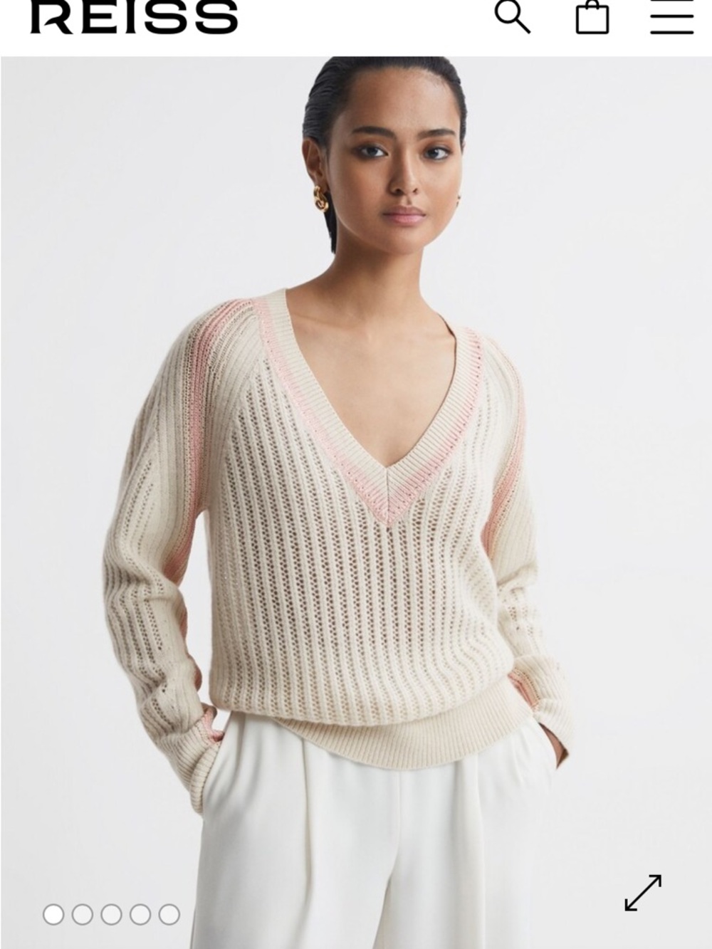 Reiss Cream V‑Neck Sweater with Pink Trim